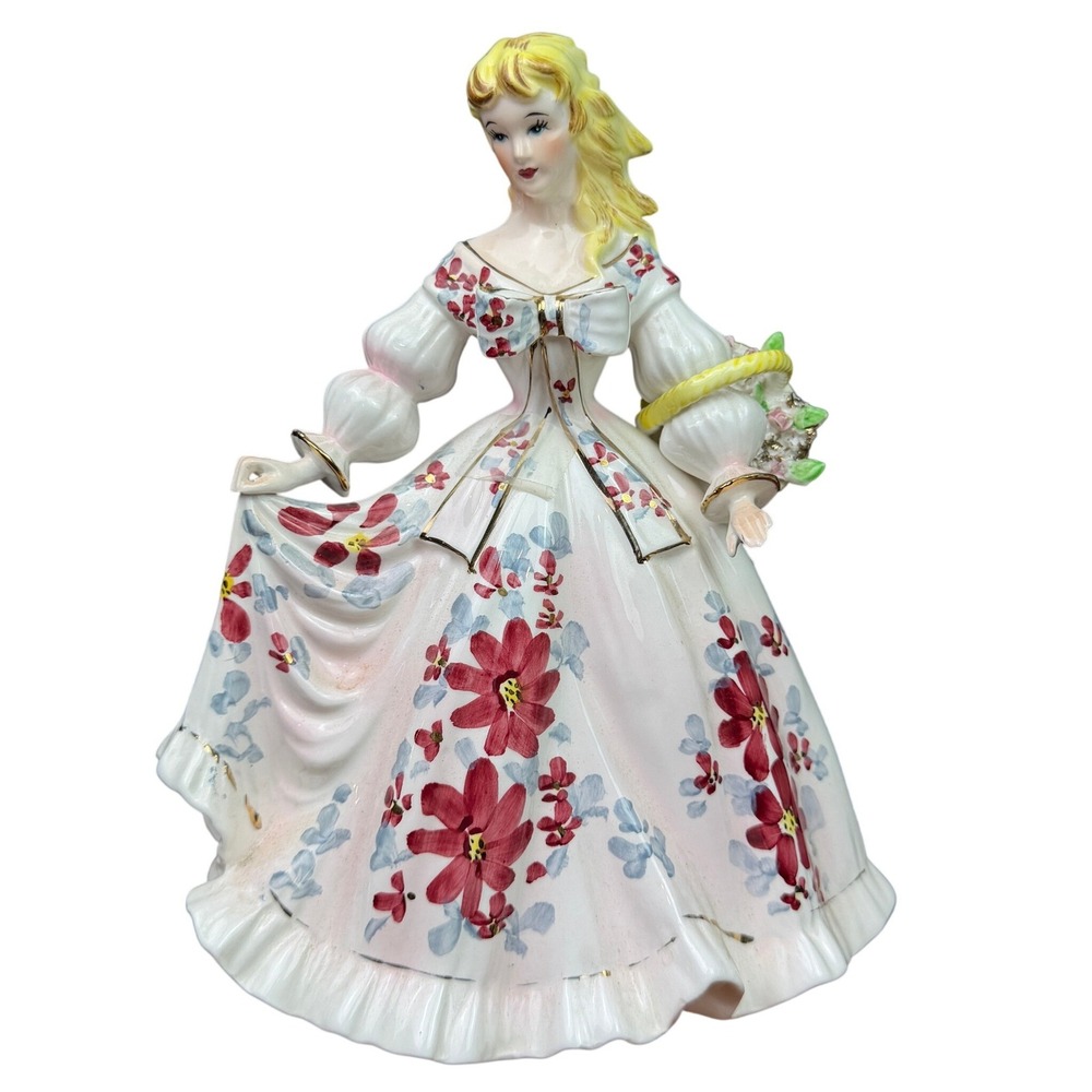 Lefton Figurine Lady 403 Porcelain White Red Floral Vintage Japan Flower Basket